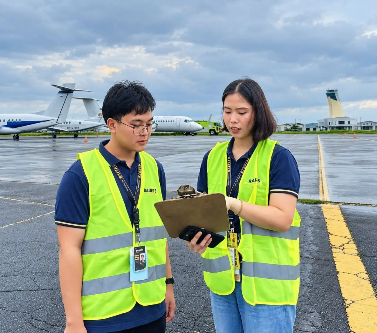 RaiJets operations personnel reviewing an operational clipboard on the apron